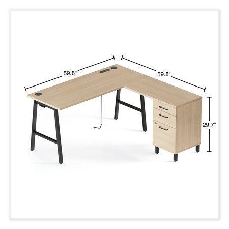 Union & Scale Single-Pedestal L-Shaped Desk with Integrated Power Management, 59.8x59.8x29.7, Natural Wood/Black UN60420-CC